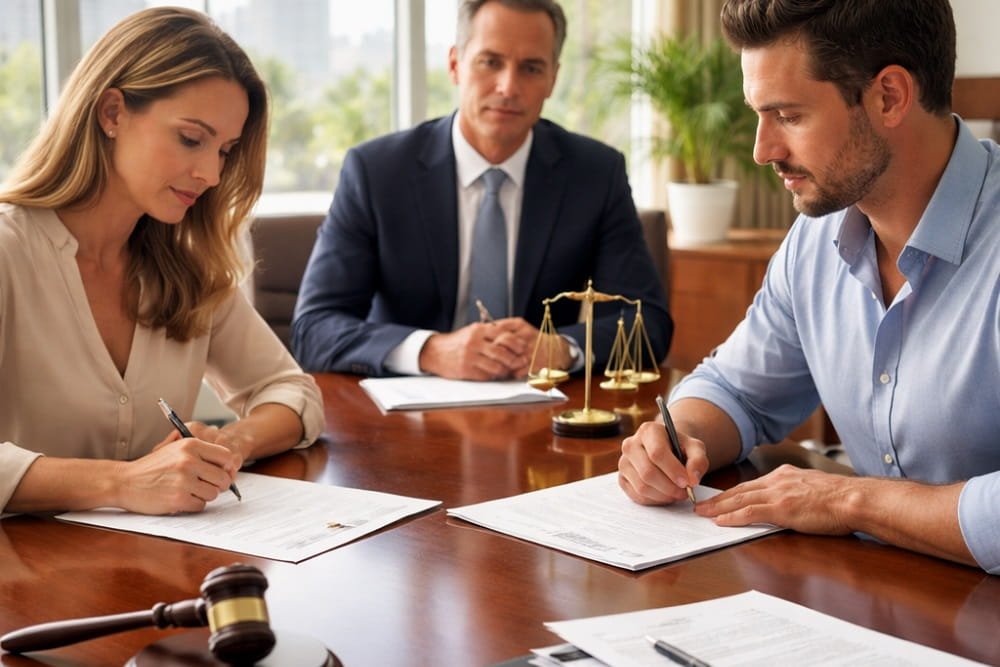 Couple signing uncontested divorce papers with lawyer in Florida office